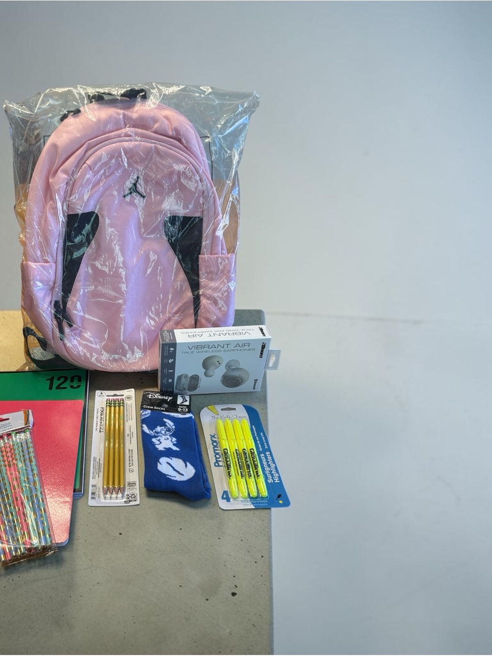 Jordan Pink Backpack with Black Logo Accents with school supplies - Picture 3 of 5